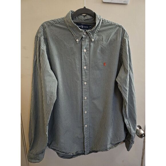 Polo Ralph Lauren Vintage Mens XL Green White Gingham Button‎ Custom Fit Preppy - Picture 1 of 9